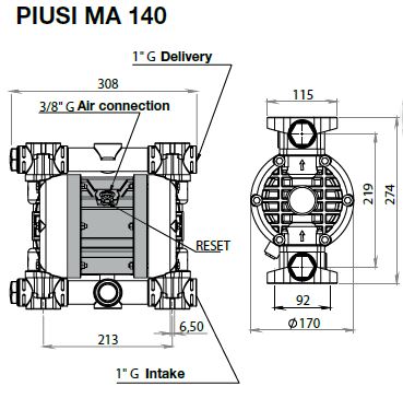 Zuwa ATEX-Druckluftmembranpumpe MA 140, 100 l/min - PMA20801